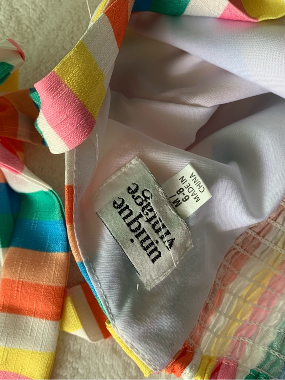 Unique Vintage Bright Rainbow Striped Tie-Shoulder Dress - Picture 6 of 7